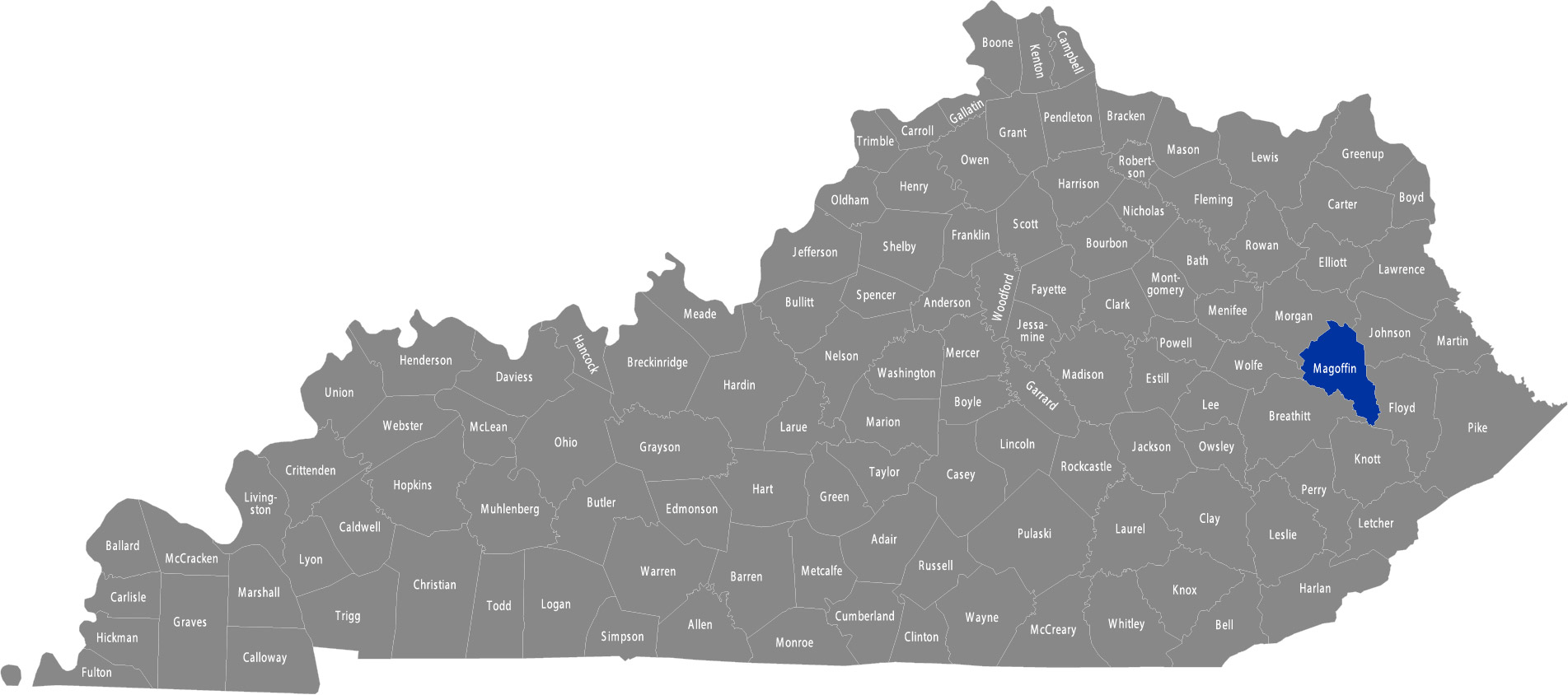 State of Kentucky map with Magoffin County highlighted&nbsp;